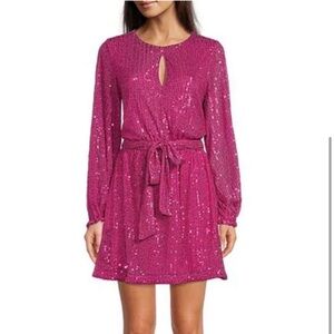 Sequin Keyhole Neck Long Sleeve Tie Waist Dress